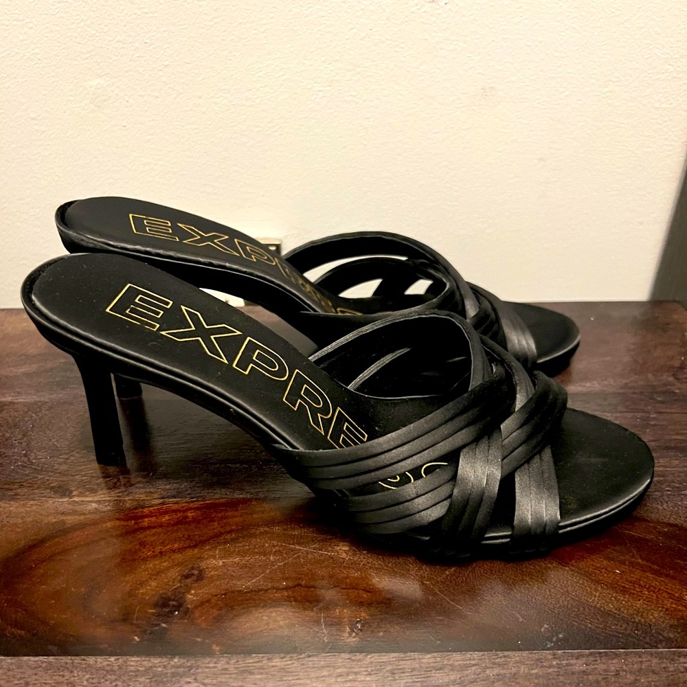 “Express” size 7 black slip on sandals, never used. 2in in height